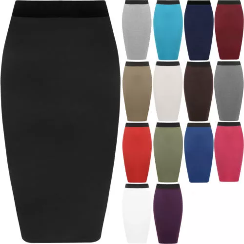 Ladies Plain Office Women's Stretch Bodycon Midi Pencil Skirt Plus Size 8-26