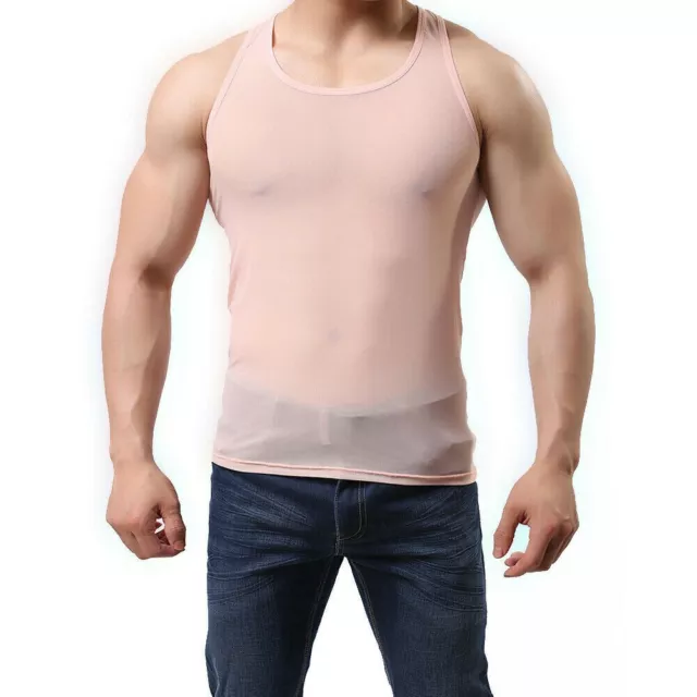 Uomo Rete Trasparente Traspirante Canottiera Top senza Maniche T Camicia Semi