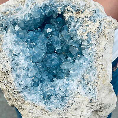 24.8LB natural blue celestite geode quartz crystal mineral specimen healing
