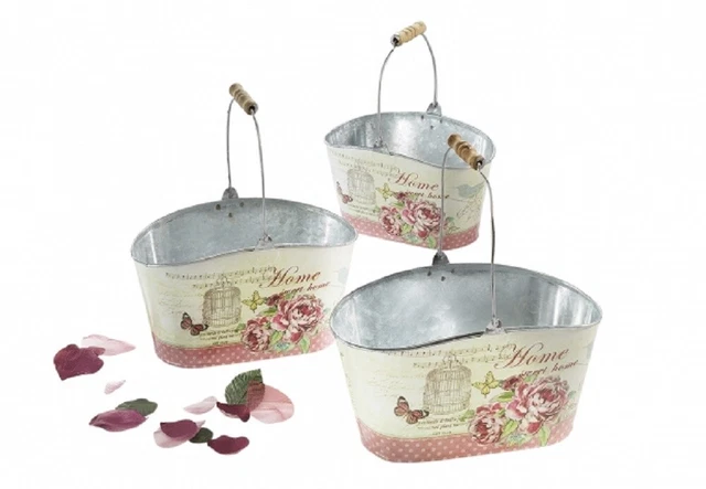 Pflanzschalen Set, Pflanzeimer 3 er Set oval mit Rosenblüten und Tragehenkel