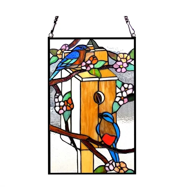 Stained Glass Window Panel 19" T x 12" W Handcrafted Birdhouse Art Glass