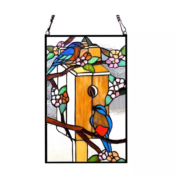 Stained Glass Window Panel 19" T x 12" W Handcrafted Birdhouse Art Glass