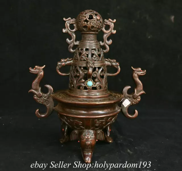 10" Old Chinese Bronze Inlay Gems Dynasty Dragon Beast incense burner Censer