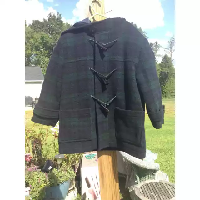 Vintage Talbots kids wool coat 4 green navy plaid tartan hood toggle girls boys