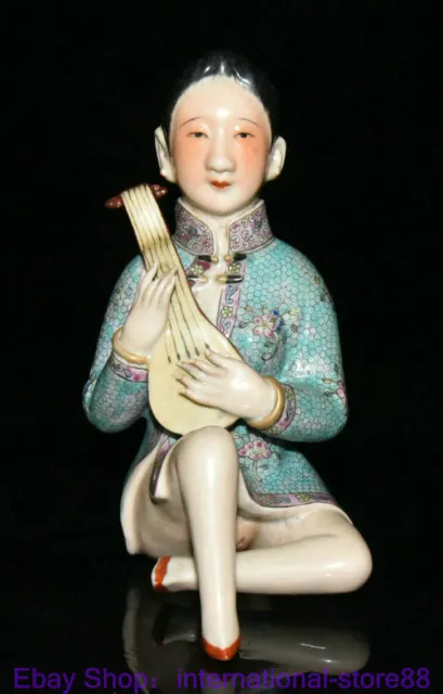 7.6" Xuande Marked Old China Pastel Porcelain Palace Belle Women Pipa Sculpture