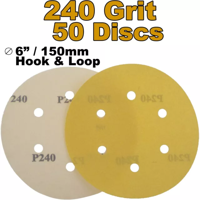 Body+ 150mm P240 Grit 6 Hole HookNLoop DA 50 x 6" Gold Sanding Discs