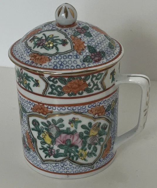 Blue & White Chinese Porcelain Mug with Lid ~ 12 oz Covered  Tea or Coffee Cup