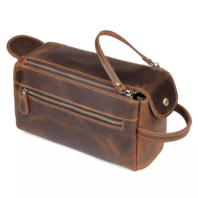 Mens Toiletry Bag Genuine Leather Bathroom Shaving Organizer Travel Dopp Kit