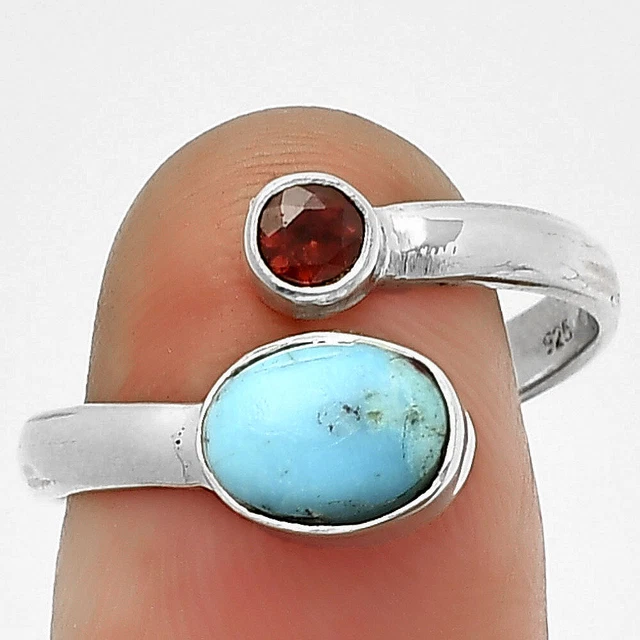 Natural Turquoise Morenci Mine & Garnet 925 Silver Ring s.9 Jewelry R-1205