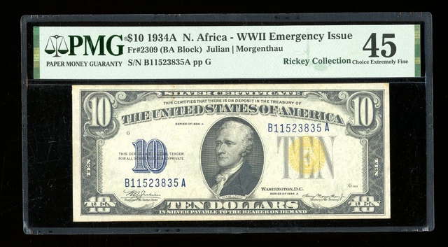 DBR 1934-A $10 North Africa Silver Fr. 2309 PMG 45 Serial B11523835A