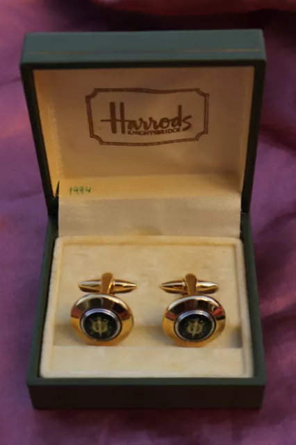 Vintage Harrods Knightsbridge Golden Metal Cufflinks With Shield In Box