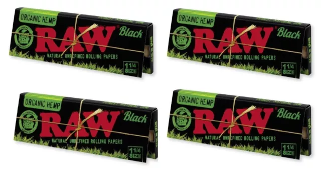 RAW BLACK ORGANIC HEMP Rolling Papers - 1 1/4 Size - 4 packs/ 50 leaves ea pack