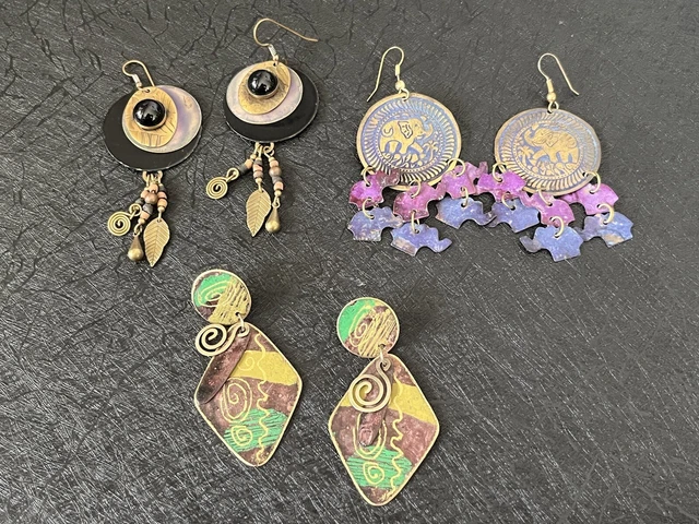 Vtg To Now Boho On Dangle Earring Lot Metal Brass Gypsy Costume Jewelry