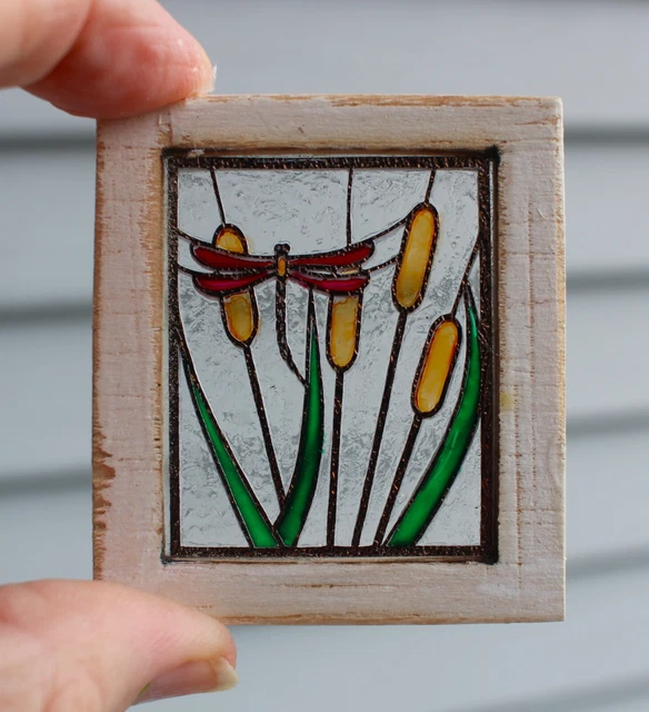 Original OOAK Mini Dollhouse Stained Glass Dragonfly / Cattails Window N Woolmer 2