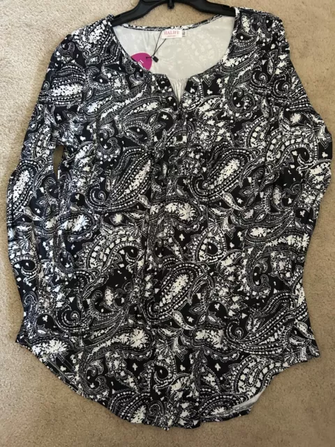 Nwt - Women's Long Sleeve Paisley Print Top, Black/White, Size Xl