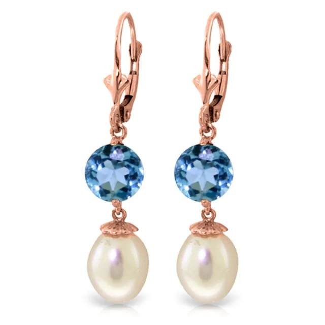 11.1 CTW 14K Solid Rose Gold Elegance pearl Blue Topaz Earrings