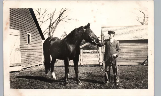 MAN & BLACK HORSE 1910s real photo postcard rppc farm barn livery