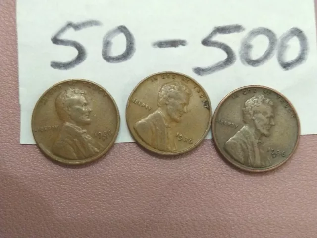 1936-P 1936-D 1936-S Lincoln Wheat Cent Penny  Circulated 3 Coin  Set Lot 50-500