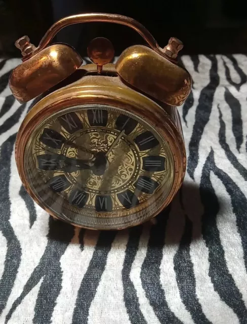 Vintage Copper Clock Steam Punk Wind Up Alarm Round Footed Hungary Mom Patina