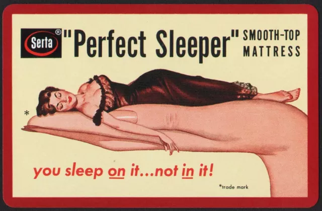 Vintage playing card SERTA PERFECT SLEEPER Mattress maroon border woman on hand
