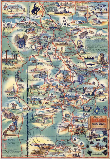 Midcentury Map of the Black Hills of South Dakota, The Sunshine State Art Poster