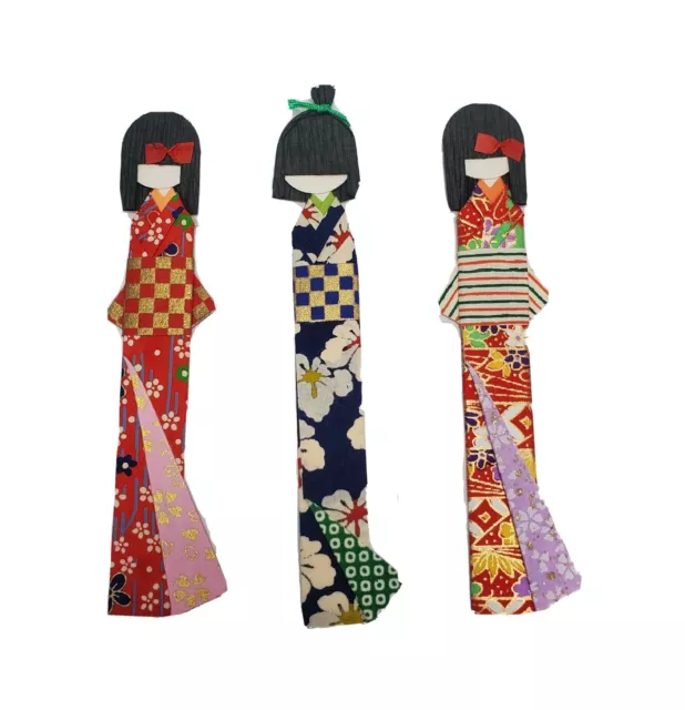 3 Vintage Brightly Colored Origami Geisha Lady Paper Bookmarks Handmade Dolls