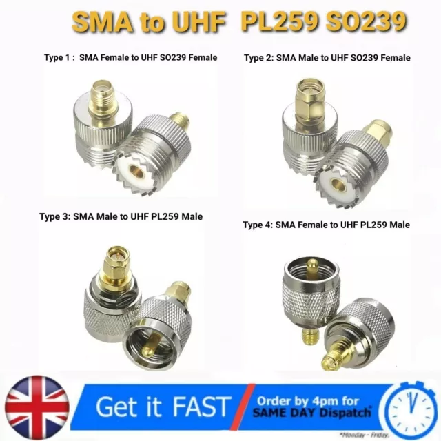 1 pc SMA Male / Female to SO239 UHF Male / Female, PL259 Socket RF Adaptor