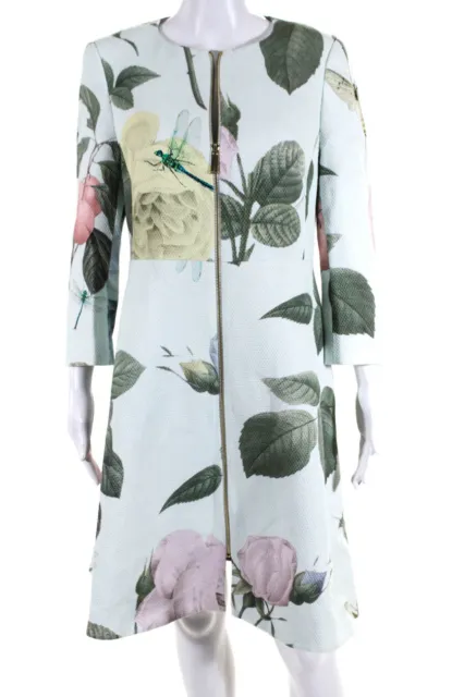 Ted Baker London Womens Floral Full Zipped Long Sleeve A-Line Dress Blue Size 3