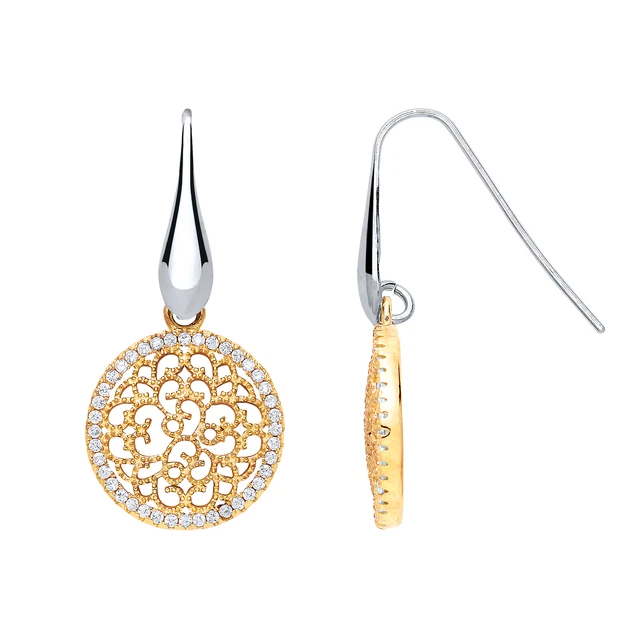 Jewelco London Gilded Silver CZ Filigree Snowflake Drop Earrings