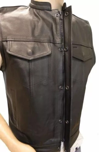 OPEN COLLAR CLUB LEATHER VEST SNAP&ZIPPER FRONT, 2 Front Pockets, Gun Pocket