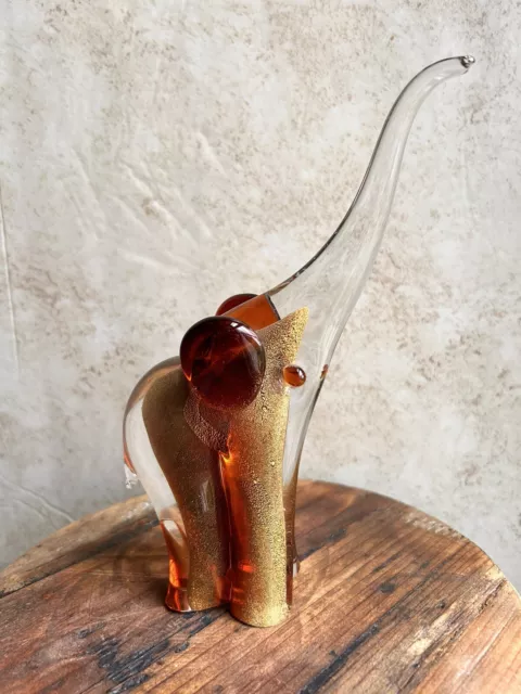 Murano Glass Gold And Amber Elephant Signed.