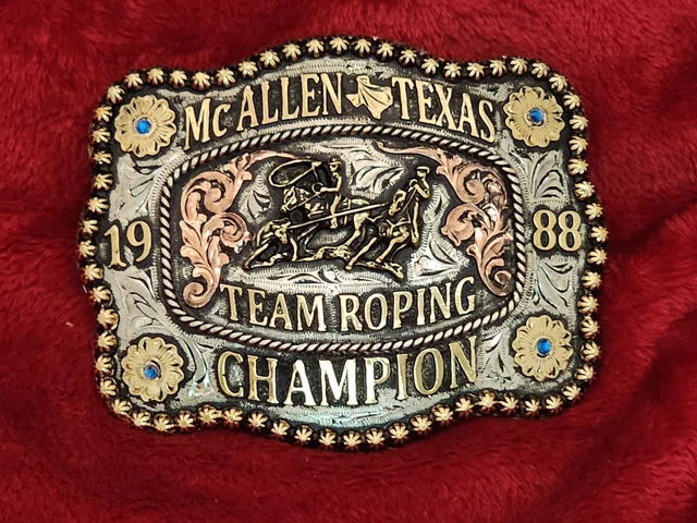 TEAM ROPING PRO RODEO CHAMPION TROPHY BUCKLE☆McALLEN TEXAS☆1988☆RARE☆769