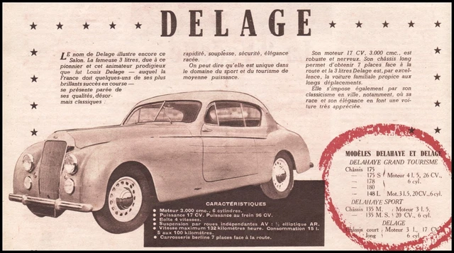 Publicité  Delage  car vintage print article /  ad  1949 - 9h