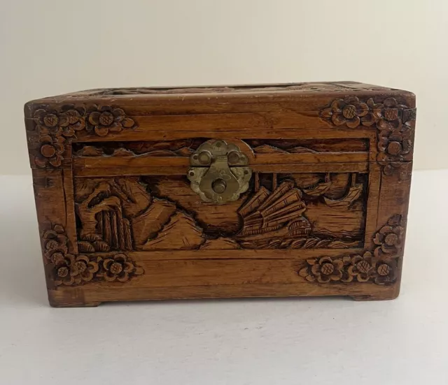 Vintage Asian Chinese Handmade Hand Carved Wood Wooden Box Chest, Brass Closure