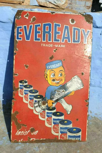 Original Vintage Antique Old Rare Eveready Torch Ad Porcelain Enamel Sign Board