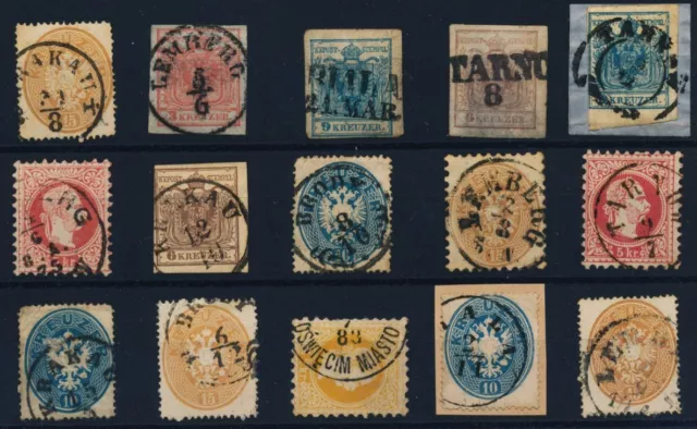 ÖSTERREICH 1850- 15Stk.Marken! Mit GALIZIEN Stempeln. Interessant!