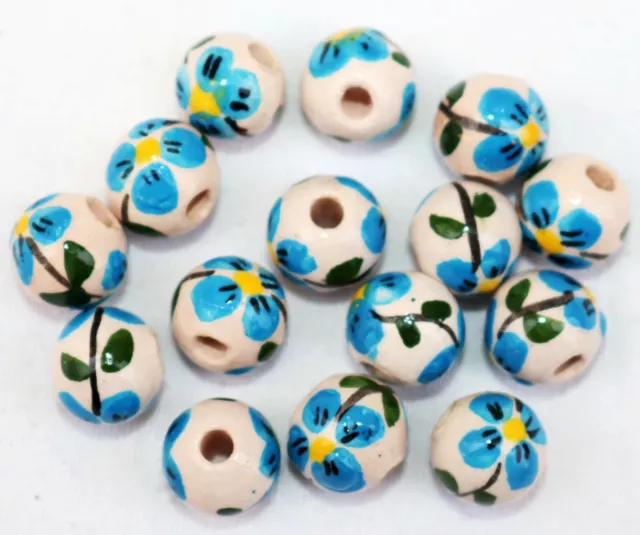 15 Keramik Kugel Perlen 10 mm rund, Blume blau, Perle handgemalt,Schmuck basteln