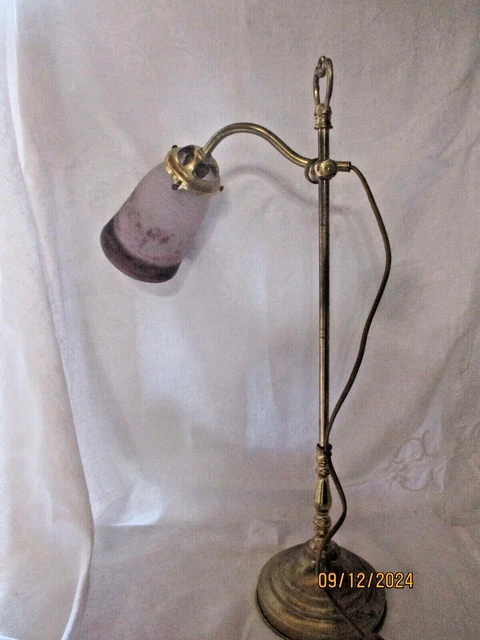 Lampe De Bureau Ministère - Laiton, Bois, Verre Opalin Bleu - Arterameferro - Fabriquée En Italie