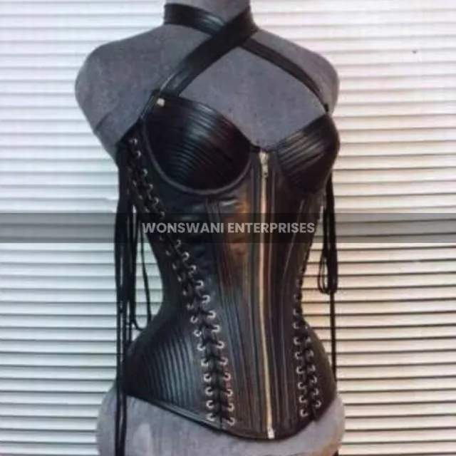 Heavy Duty Genuine Cowhide Leather Spiral Bones Over Bust Corset Black Bodice