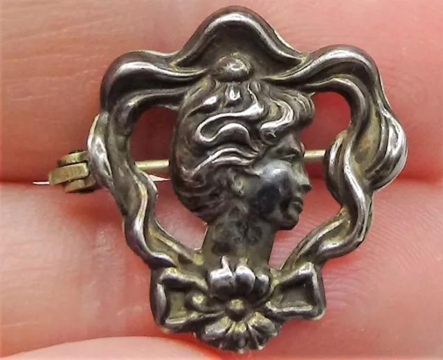 Antique Art Nouveau Lady Flower Bow Sterling Silver Petite Brooch Pin