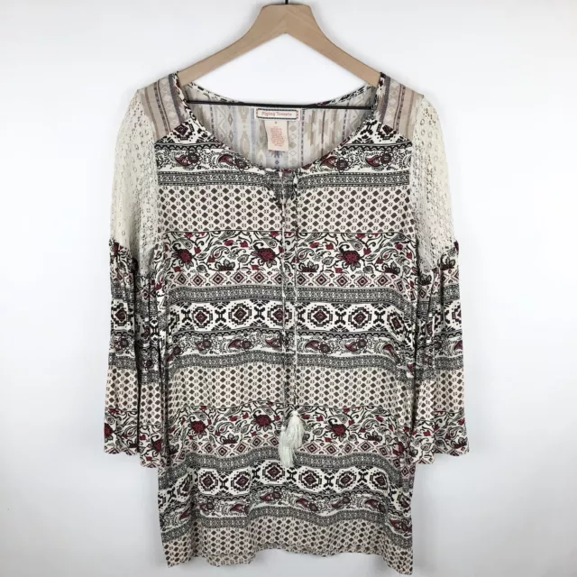 Flying Tomato Women’s Boho Multicolor Tunic Top Size M Bell Sleeves Crochet