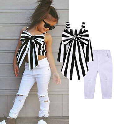 2PCS Toddler Kids Baby Girls Clothes Halter T-shirt Tops White Pants Outfits Set