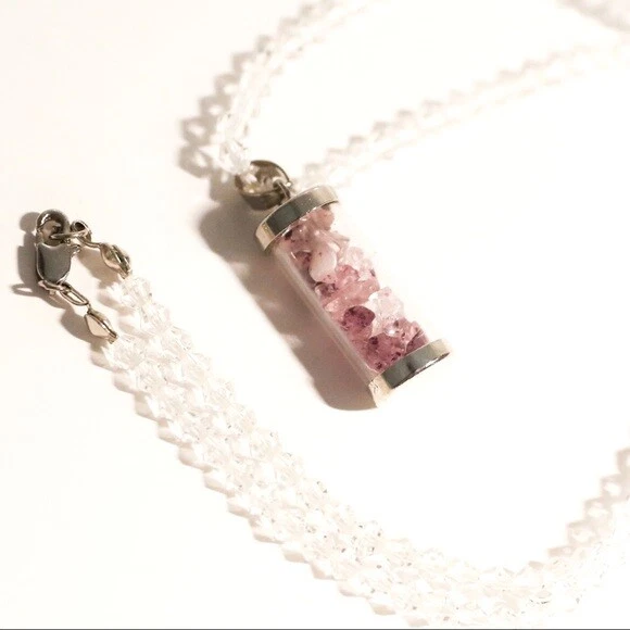 Real crystals in a bottle pink druzy pendant plastic beaded necklace handmade