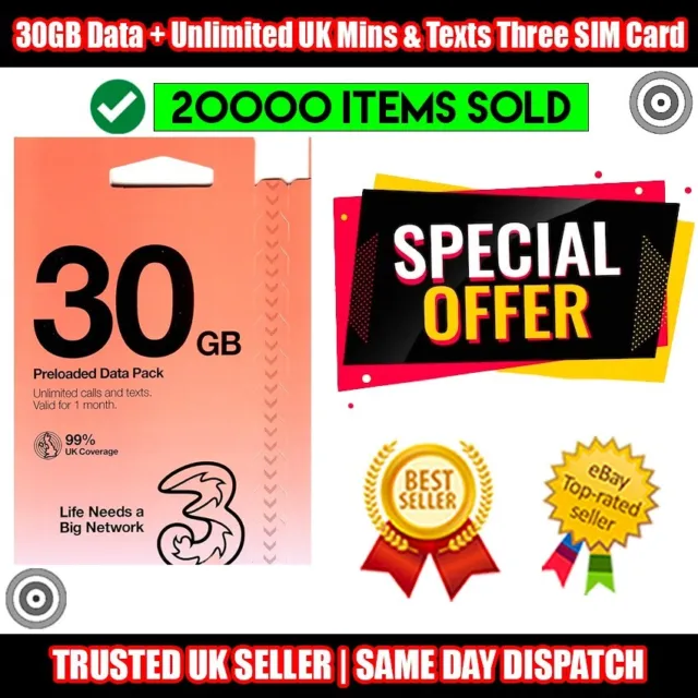 30GB Data Three sim card Pay As You Go With Unlimited Mins &Texts Preloaded Sim