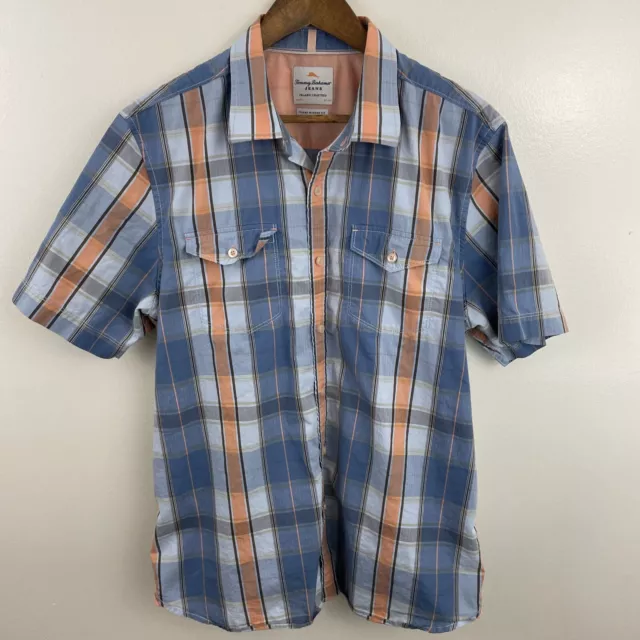 Tommy Bahama Jeans Shirt Mens L Island Modern Fit Blue Plaid Short Sleeve Button