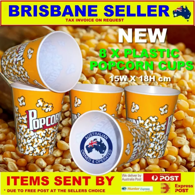 8 x Popcorn Cups Plastic 18H x 15W cm Great for Parties FREE 120g CINEMA SALT