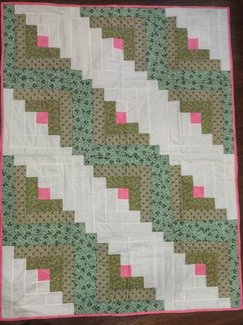 Homemade Pink/ Green Log Cabin Baby Girl Crib Quilt Blanket 41" x 55"
