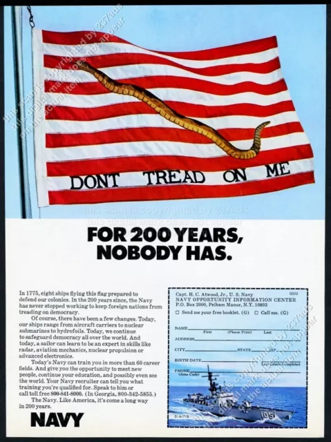 1975 Don't Tread On Me 1st Navy Jack flag US Navy recruiting vintage print ad