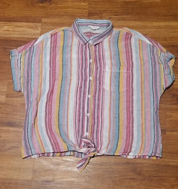 Beach Lunch Lounge Tie Knot Front Shirt Size L Striped Linen Blend Button Up