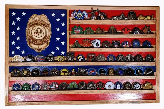 Connecticut State Trooper / Police Challenge Coin Display Flag 70-100 Coins TRAD